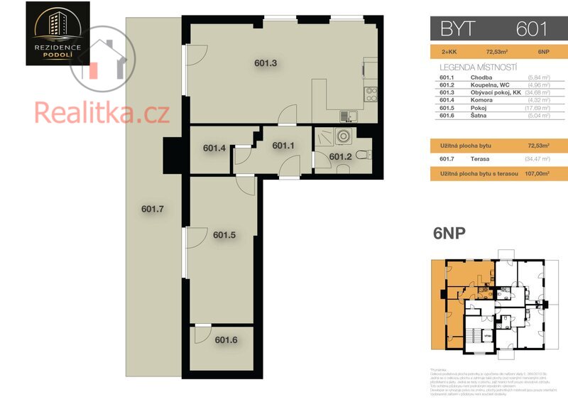 Nový byt 2+kk s terasou v Rezidenci Podolí