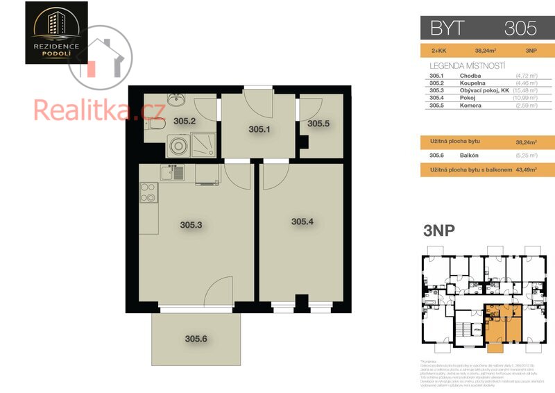 Nový byt 2+kk s balkonem v Rezidenci Podolí