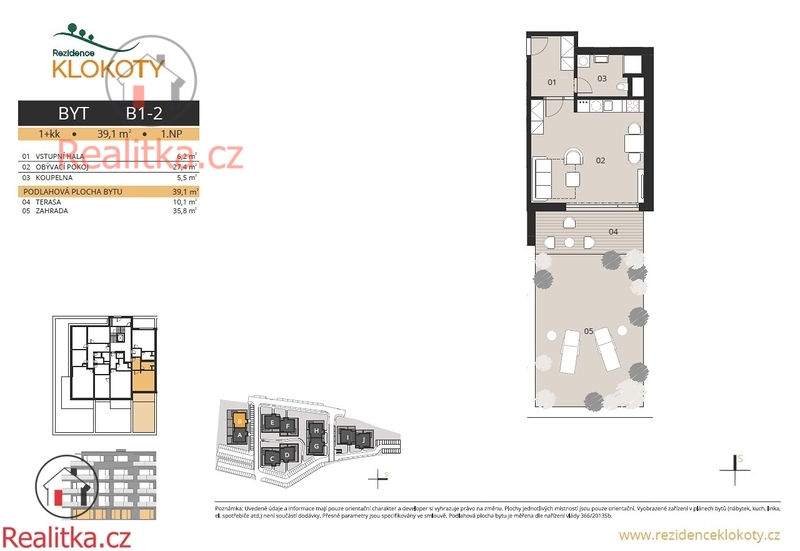 Prodej bytu o dispozici 1+kk se zahradou v Rezidenci Klokoty, okres Tábor