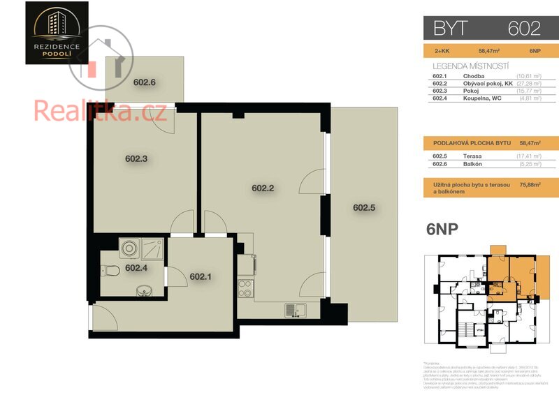 Nový byt 2+kk s terasou a balkonem v Rezidenci Podolí