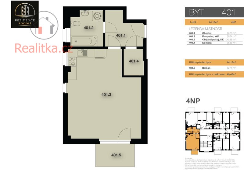 Nový byt 1+kk s balkonem v Rezidenci Podolí