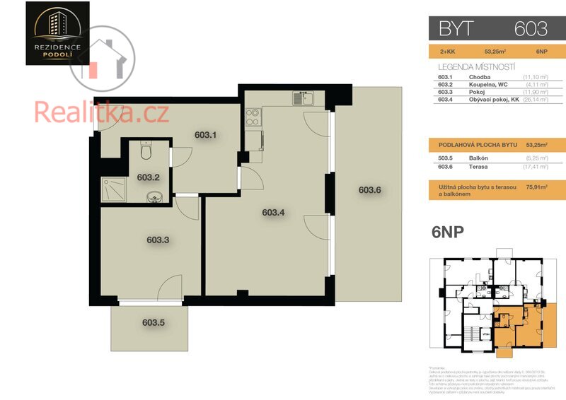 Nový byt 2+kk s terasou a balkonem v Rezidenci Podolí
